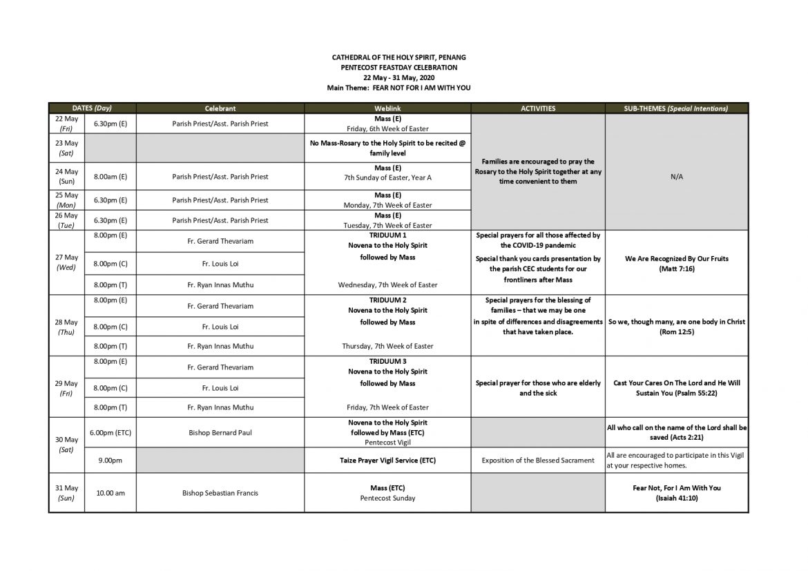 Pentecost Schedule – CATHEDRAL OF THE HOLY SPIRIT, PENANG